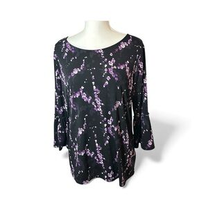 Ellen Tracy black floral blouse with 3/4 length sleeves.